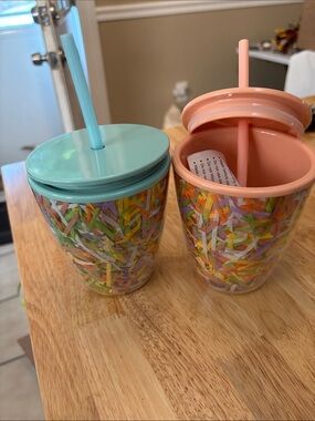Set of 2 Colorful Confetti Double-Wall Tumblers with Straw - Blue and Peach